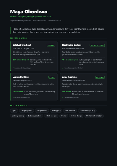 Portfolio one-pager (dark)