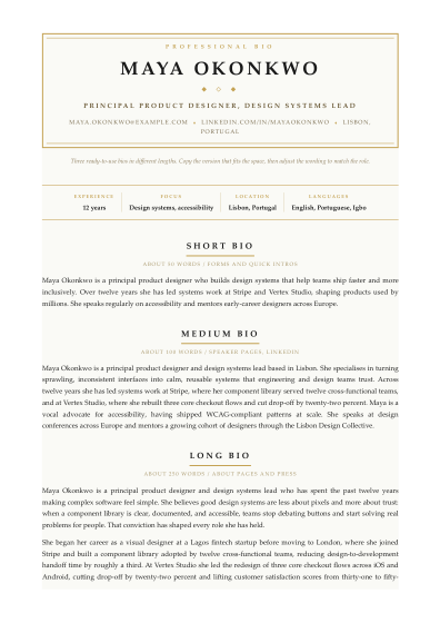 Professional bio (art deco)